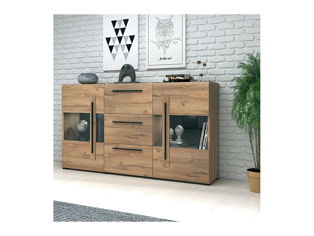 Buffet 180cm, Kollektion BREDA, mit zwei teilweise verglasten Türen und drei Schubladen. Farbe Eiche.