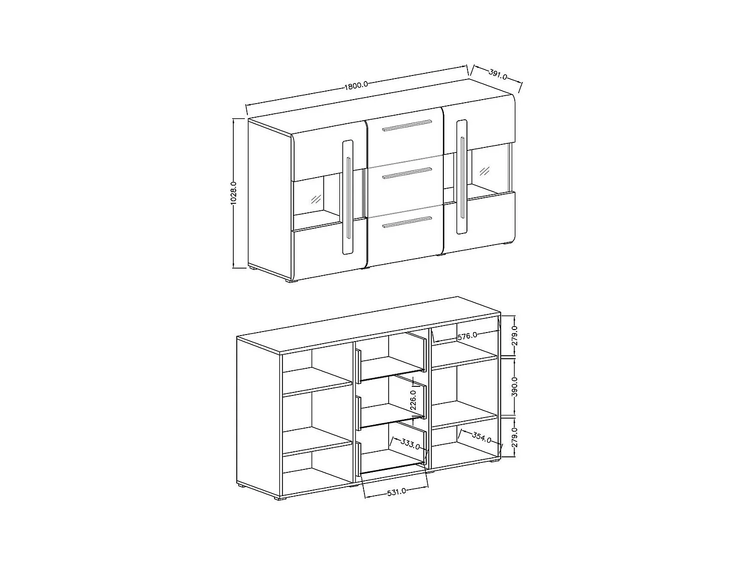 Buffet 180cm, Kollektion BREDA, mit zwei teilweise verglasten Türen und drei Schubladen. Farbe Eiche.