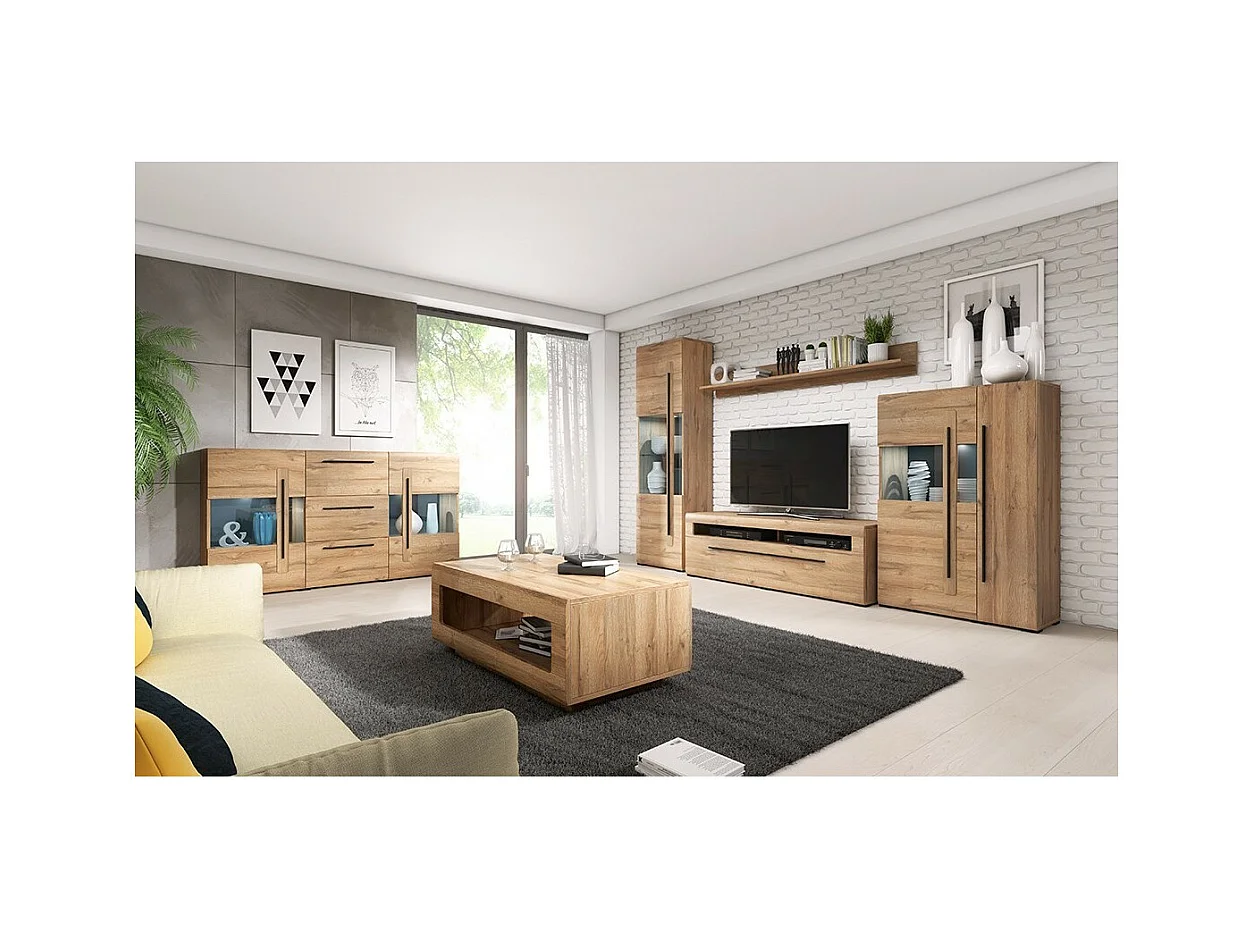 Buffet 180cm, Kollektion BREDA, mit zwei teilweise verglasten Türen und drei Schubladen. Farbe Eiche.