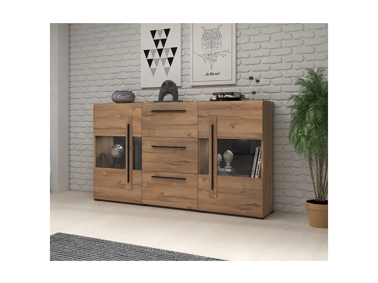 Buffet BREDA 180 cm – design meubel in eikenhout met LED, deels glazen deuren en 3 laden