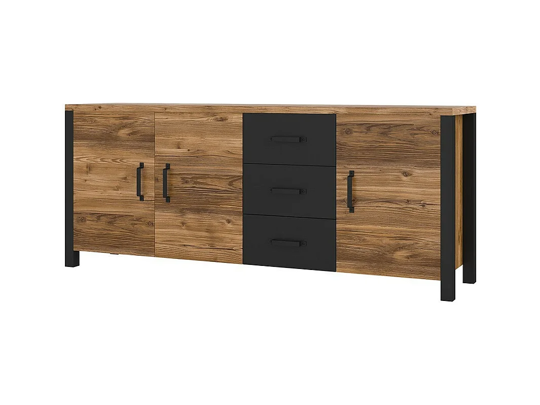 Buffet XL 190cm coleção DARWIN. Cor pinheiro e preto. 3 portas e 3 gavetas.