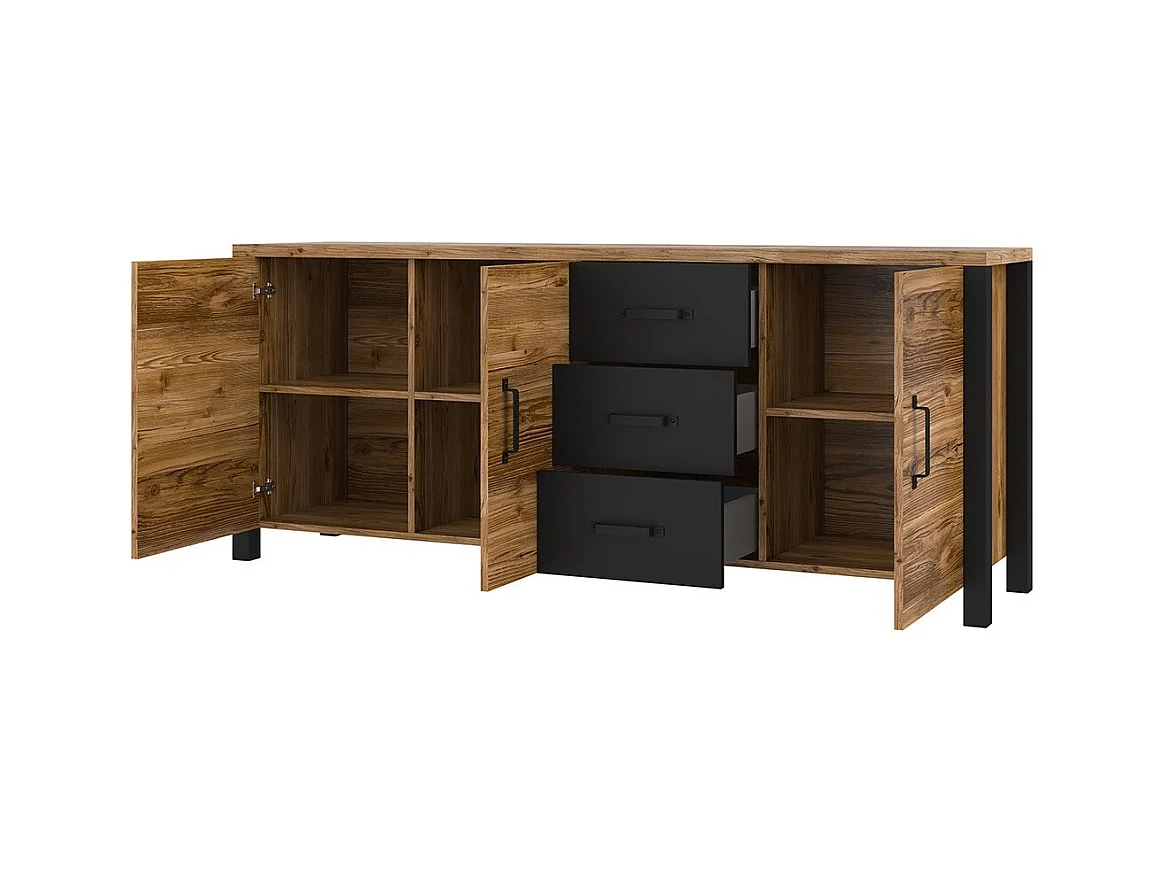 Buffet XL 190cm coleção DARWIN. Cor pinheiro e preto. 3 portas e 3 gavetas.