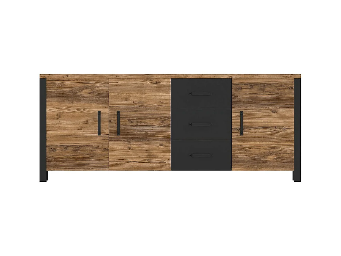 Buffet XL 190cm coleção DARWIN. Cor pinheiro e preto. 3 portas e 3 gavetas.