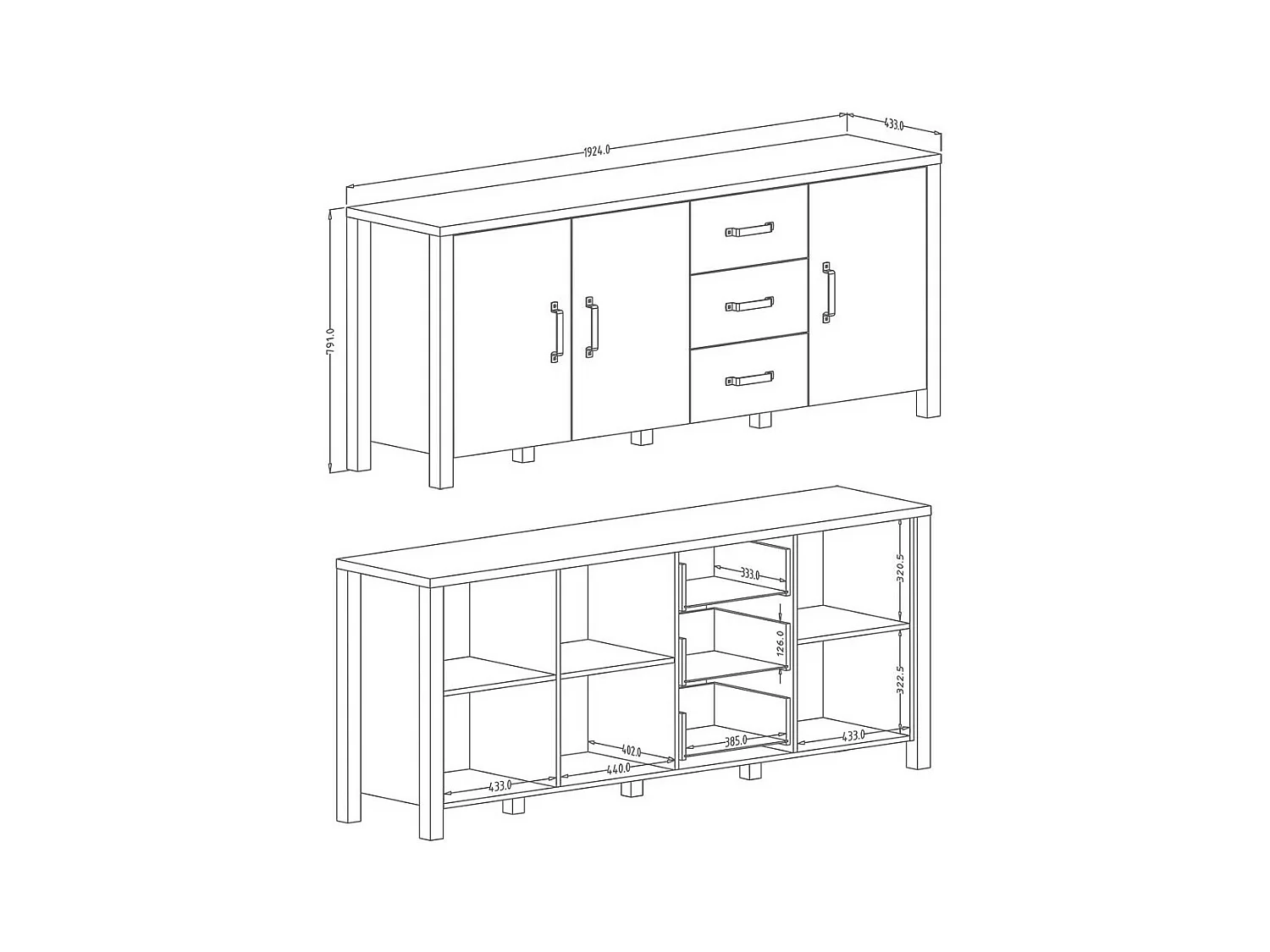 Buffet XL 190cm coleção DARWIN. Cor pinheiro e preto. 3 portas e 3 gavetas.