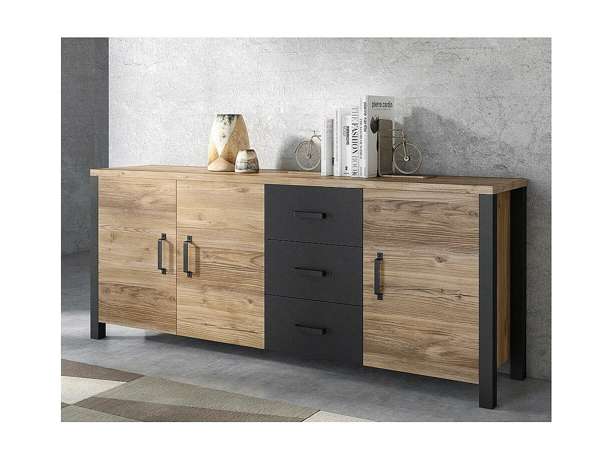 Buffet XL DARWIN – 190 cm en épicéa et noir mat