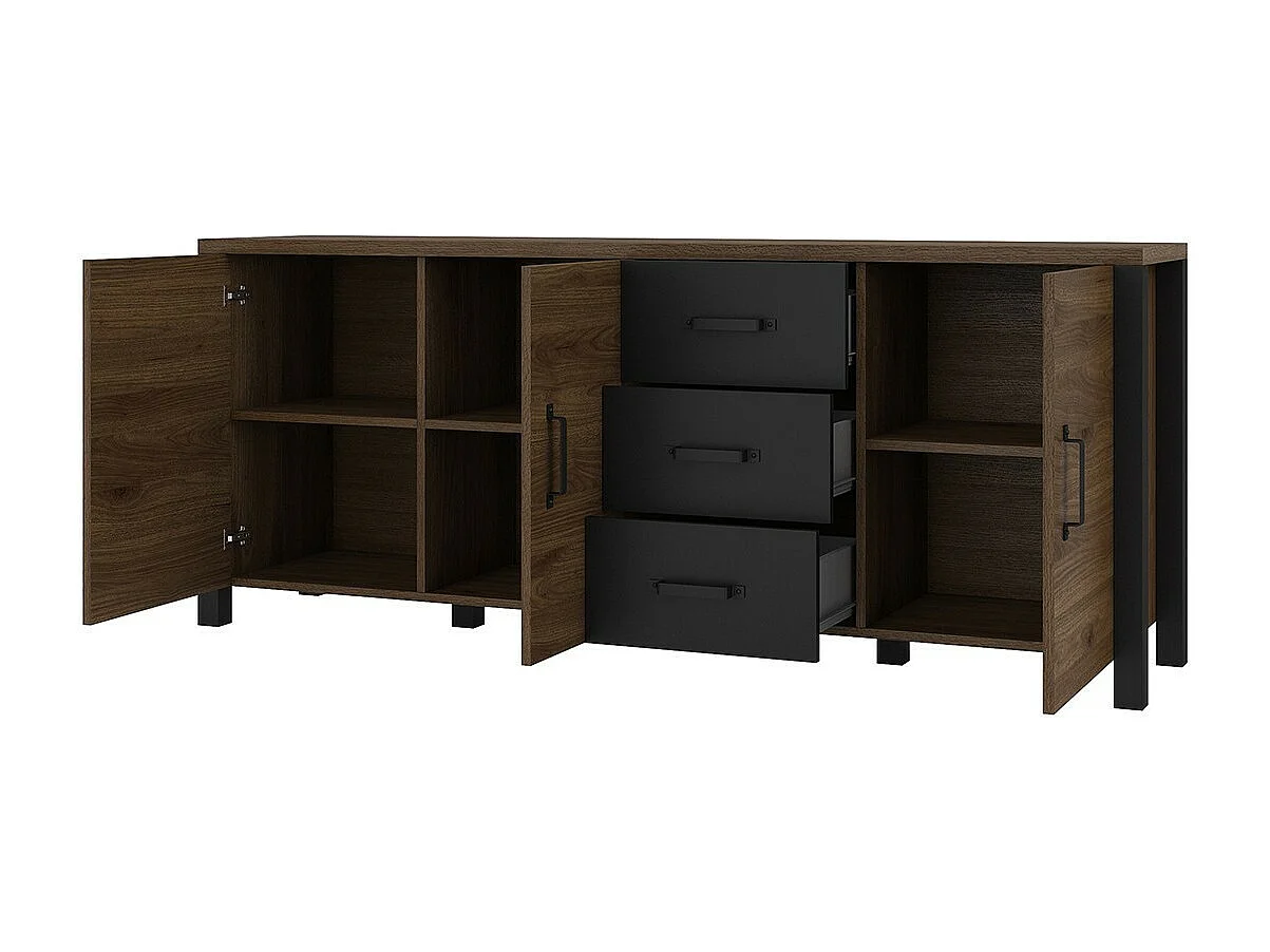 Buffet XL 190cm collezione DARWIN. Colore quercia scura e nero. 3 porte e 3 cassetti.
