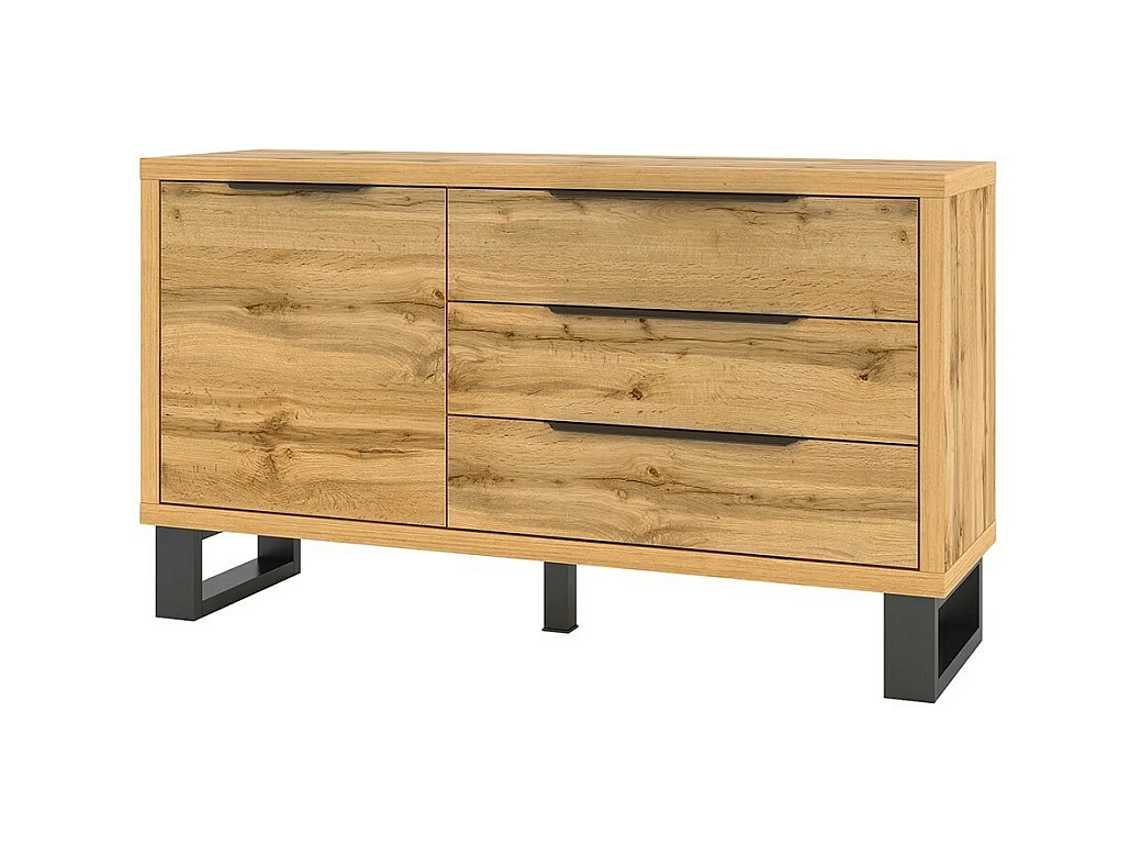 Design-Buffet 140cm. Kollektion MILO mit einer Tür und drei Schubladen. Eichenfarben.