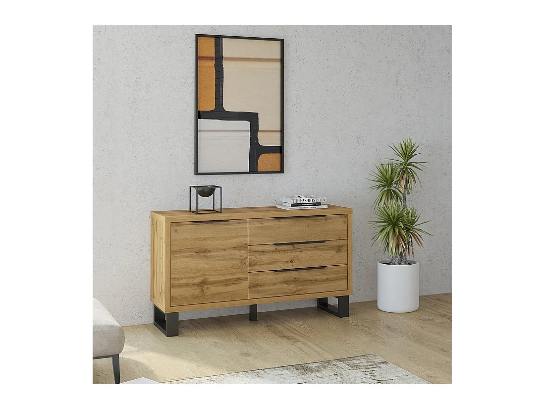Design-Buffet 140cm. Kollektion MILO mit einer Tür und drei Schubladen. Eichenfarben.