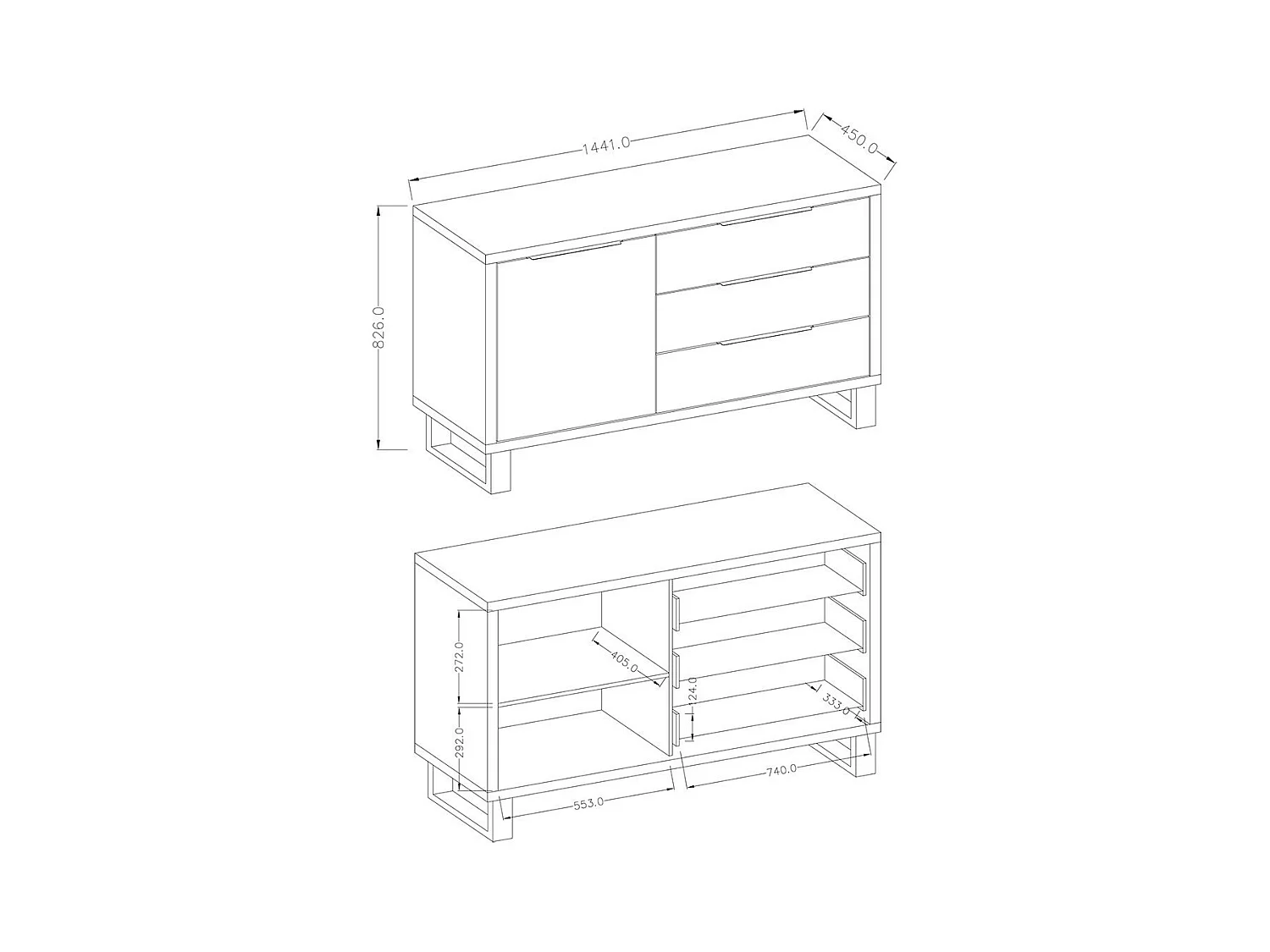 Design-Buffet 140cm. Kollektion MILO mit einer Tür und drei Schubladen. Eichenfarben.