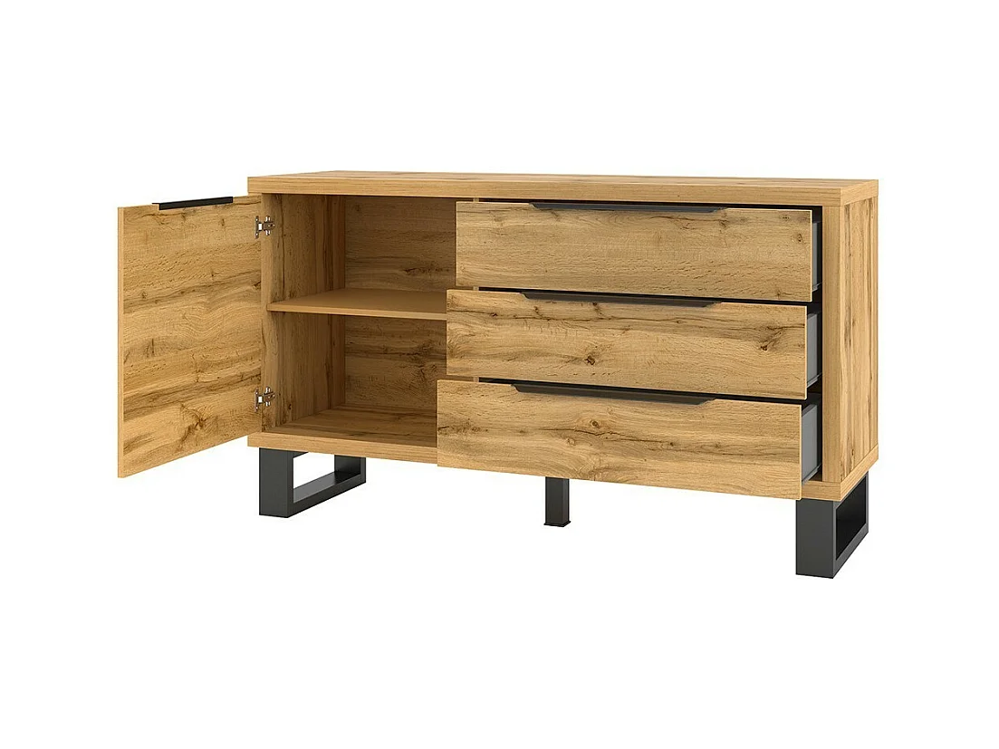 Design-Buffet 140cm. Kollektion MILO mit einer Tür und drei Schubladen. Eichenfarben.