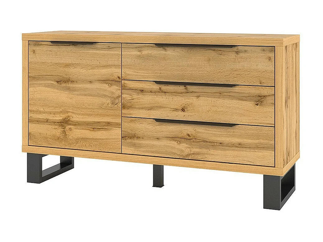 Buffet design 140cm. Collection MILO une porte et trois tiroirs. Coloris chêne.