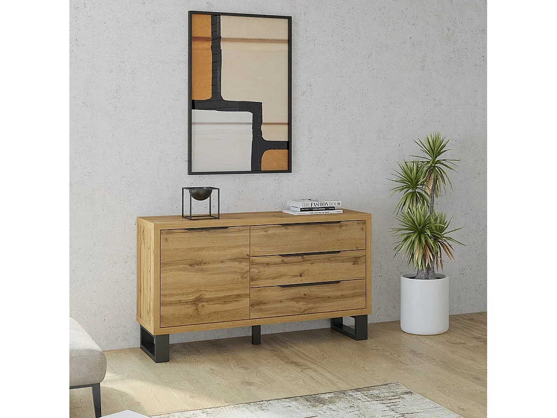 Buffet design 140cm. Collection MILO une porte et trois tiroirs. Coloris chêne.