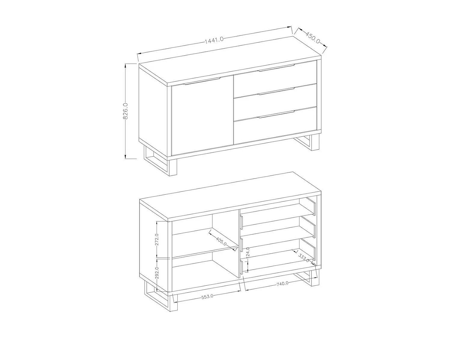 Buffet design 140cm. Collection MILO une porte et trois tiroirs. Coloris chêne.