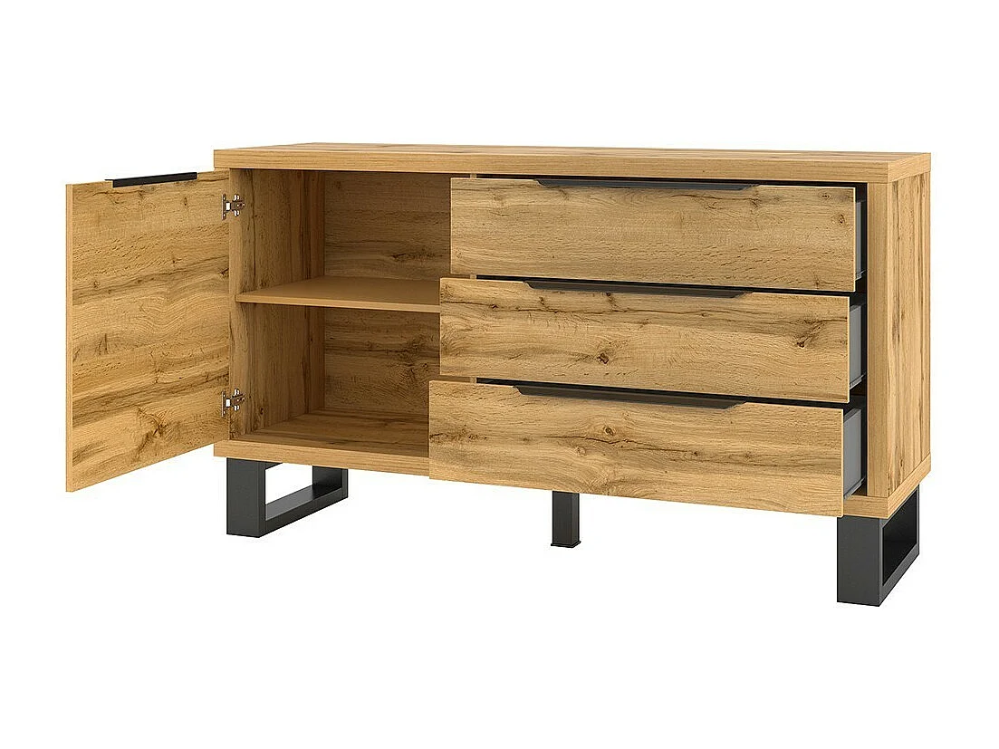 Buffet design 140cm. Collection MILO une porte et trois tiroirs. Coloris chêne.