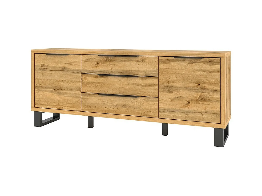 Buffet 2 portes 3 tiroirs MILO – Chêne clair et noir – Style industriel robuste