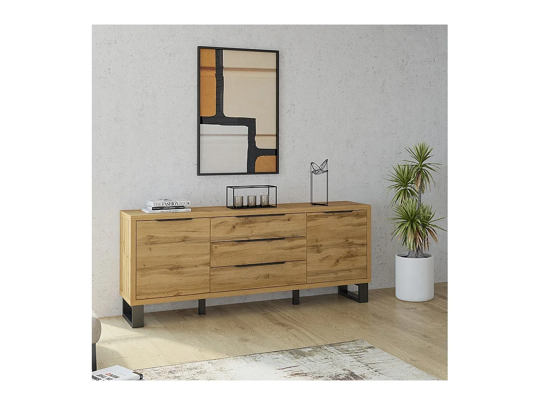 Buffet 2 portes 3 tiroirs MILO – Chêne clair et noir – Style industriel robuste