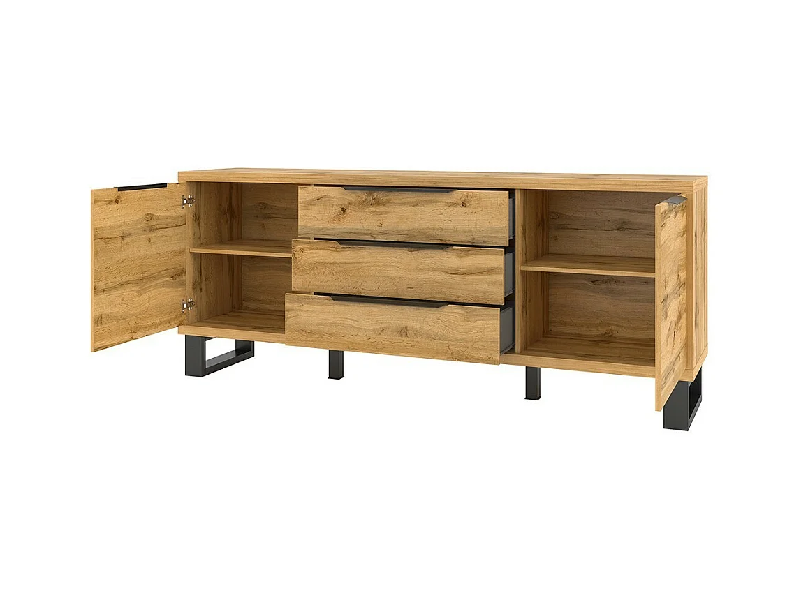 Buffet 2 portes 3 tiroirs MILO – Chêne clair et noir – Style industriel robuste