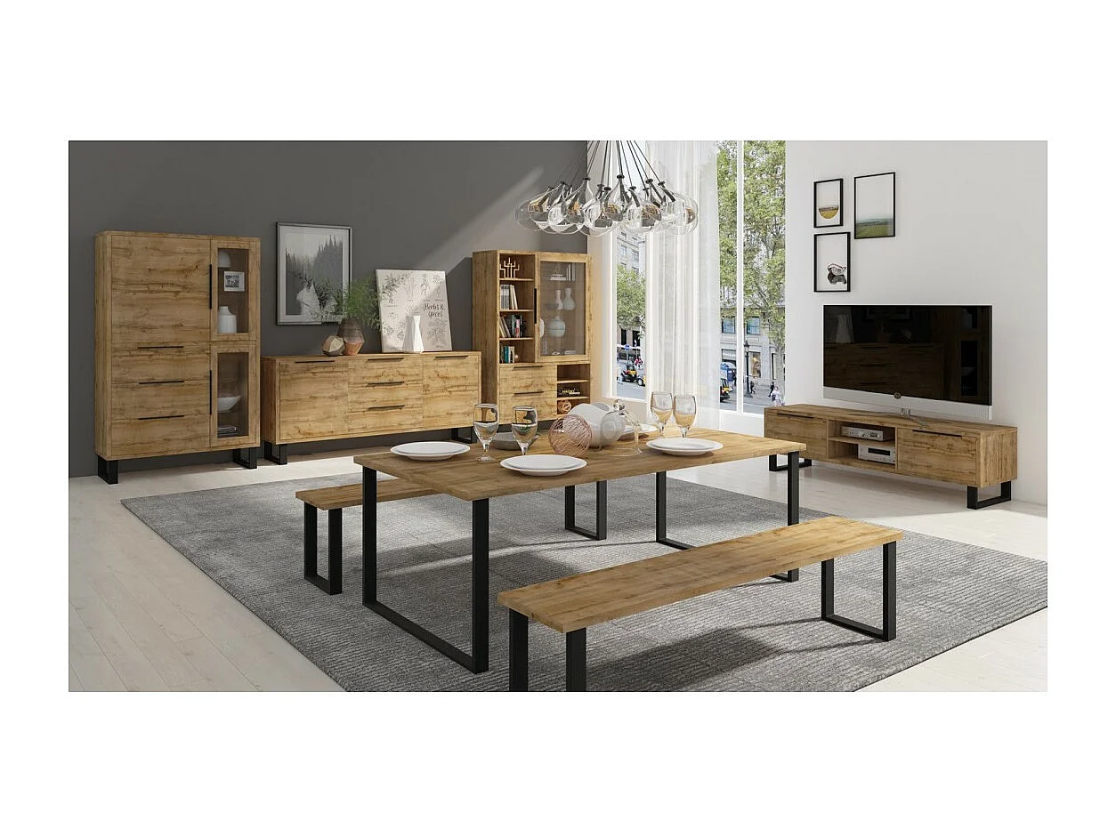 Buffet 2 portes 3 tiroirs MILO – Chêne clair et noir – Style industriel robuste