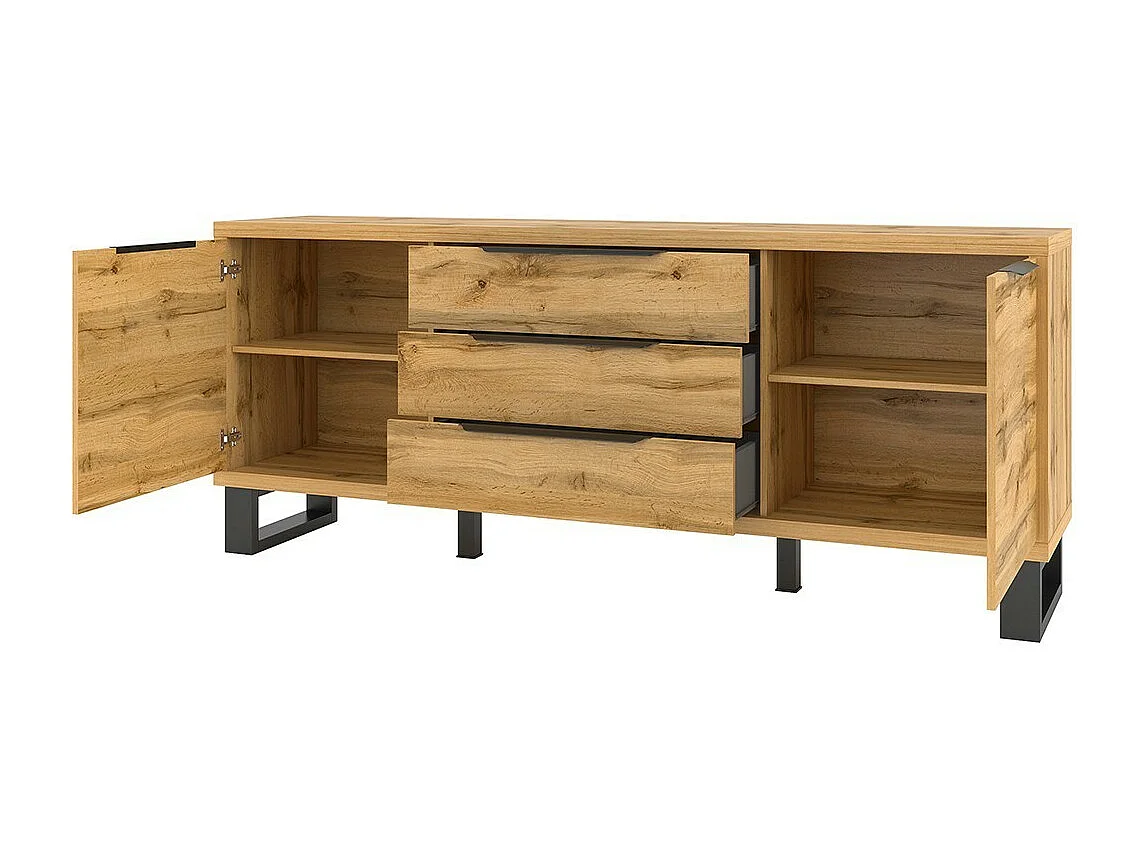 Buffet 2 portes 3 tiroirs MILO – Chêne clair et noir – Style industriel robuste