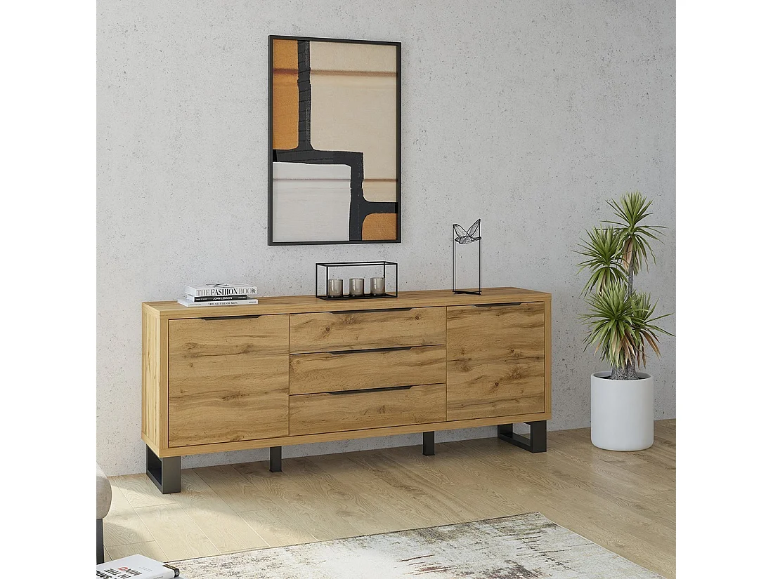 Buffetkast MILO met twee deuren, drie laden. Kleur eiken met zwarte afwerking. Industriële stijl.