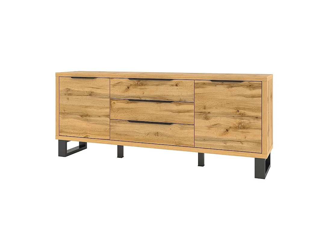 Buffetkast MILO met twee deuren, drie laden. Kleur eiken met zwarte afwerking. Industriële stijl.
