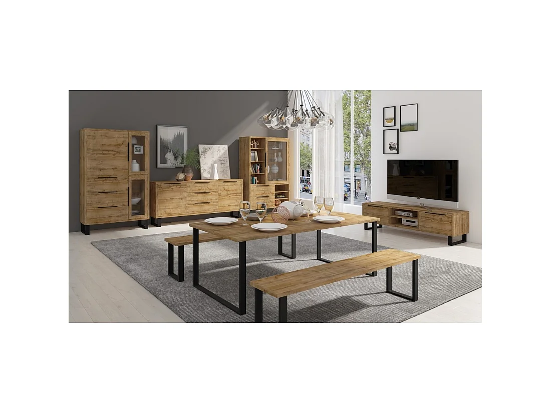 Buffetkast MILO met twee deuren, drie laden. Kleur eiken met zwarte afwerking. Industriële stijl.