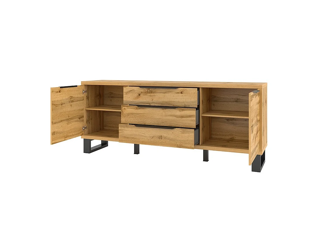 Buffetkast MILO met twee deuren, drie laden. Kleur eiken met zwarte afwerking. Industriële stijl.