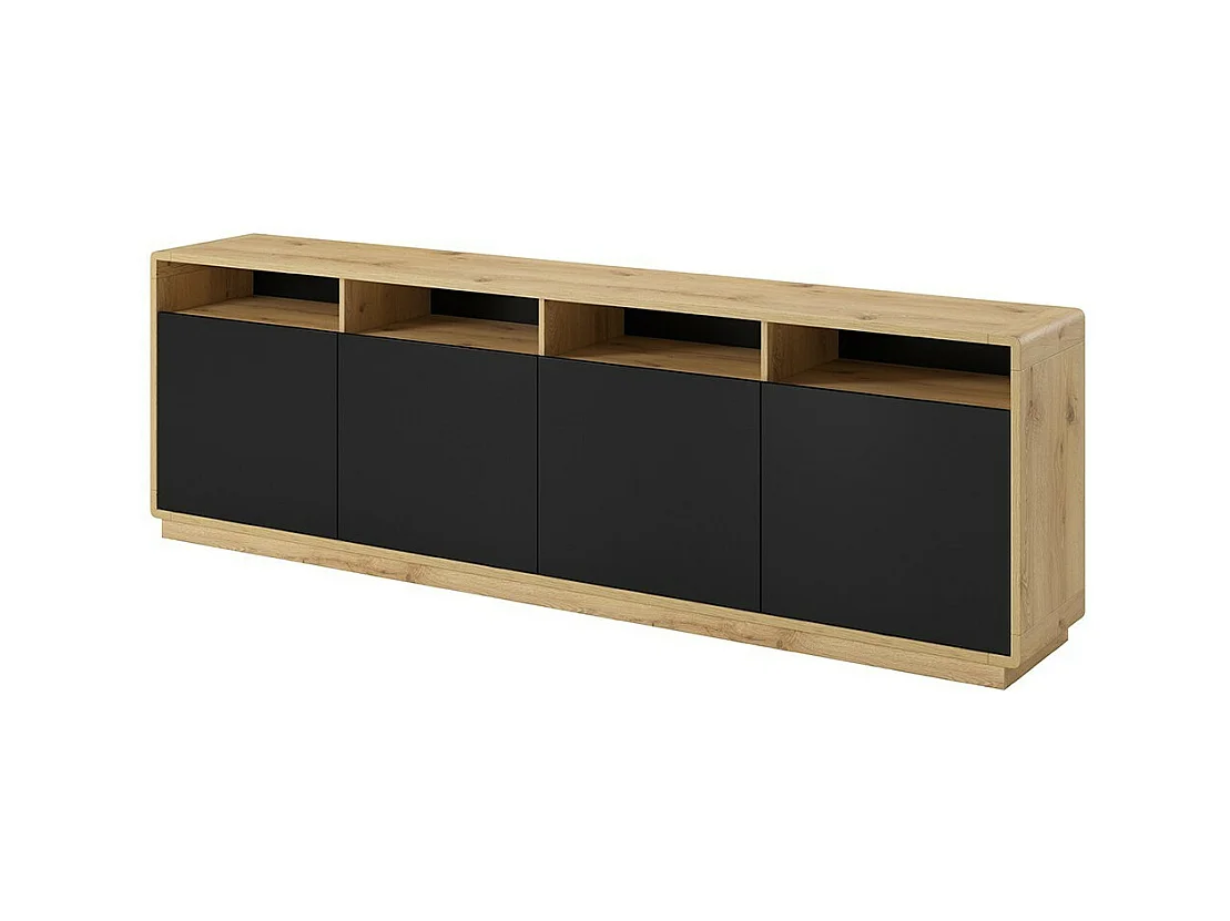 Buffet XL 240cm collection VILLA. Couleur chêne et noir. 4 portes et 4 niches éclairées