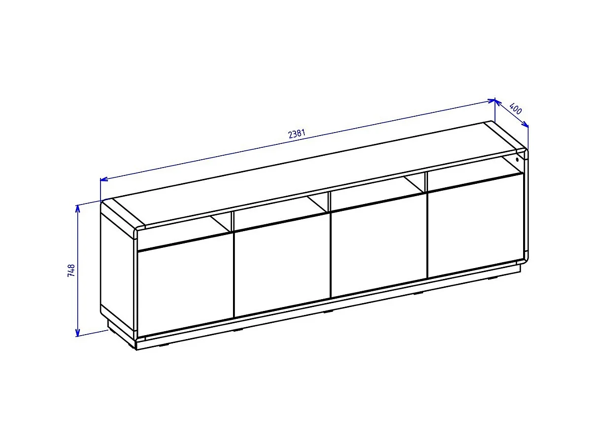 Buffet XL 240cm collection VILLA. Couleur chêne et noir. 4 portes et 4 niches éclairées
