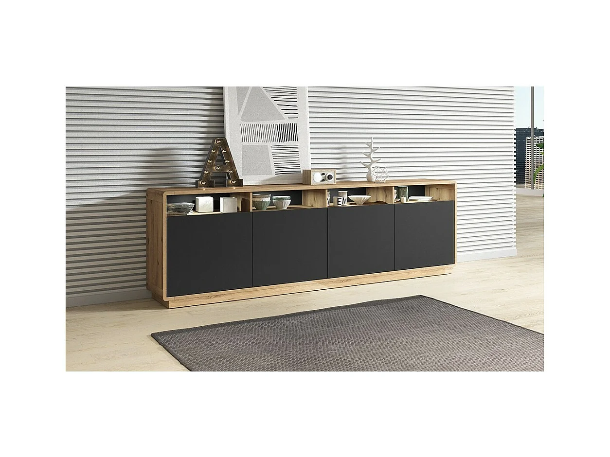 Buffet XL 240cm collection VILLA. Couleur chêne et noir. 4 portes et 4 niches éclairées
