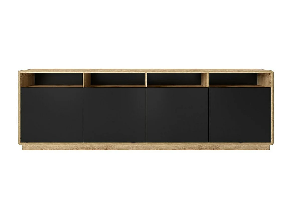 Buffet XL 240cm collection VILLA. Couleur chêne et noir. 4 portes et 4 niches éclairées