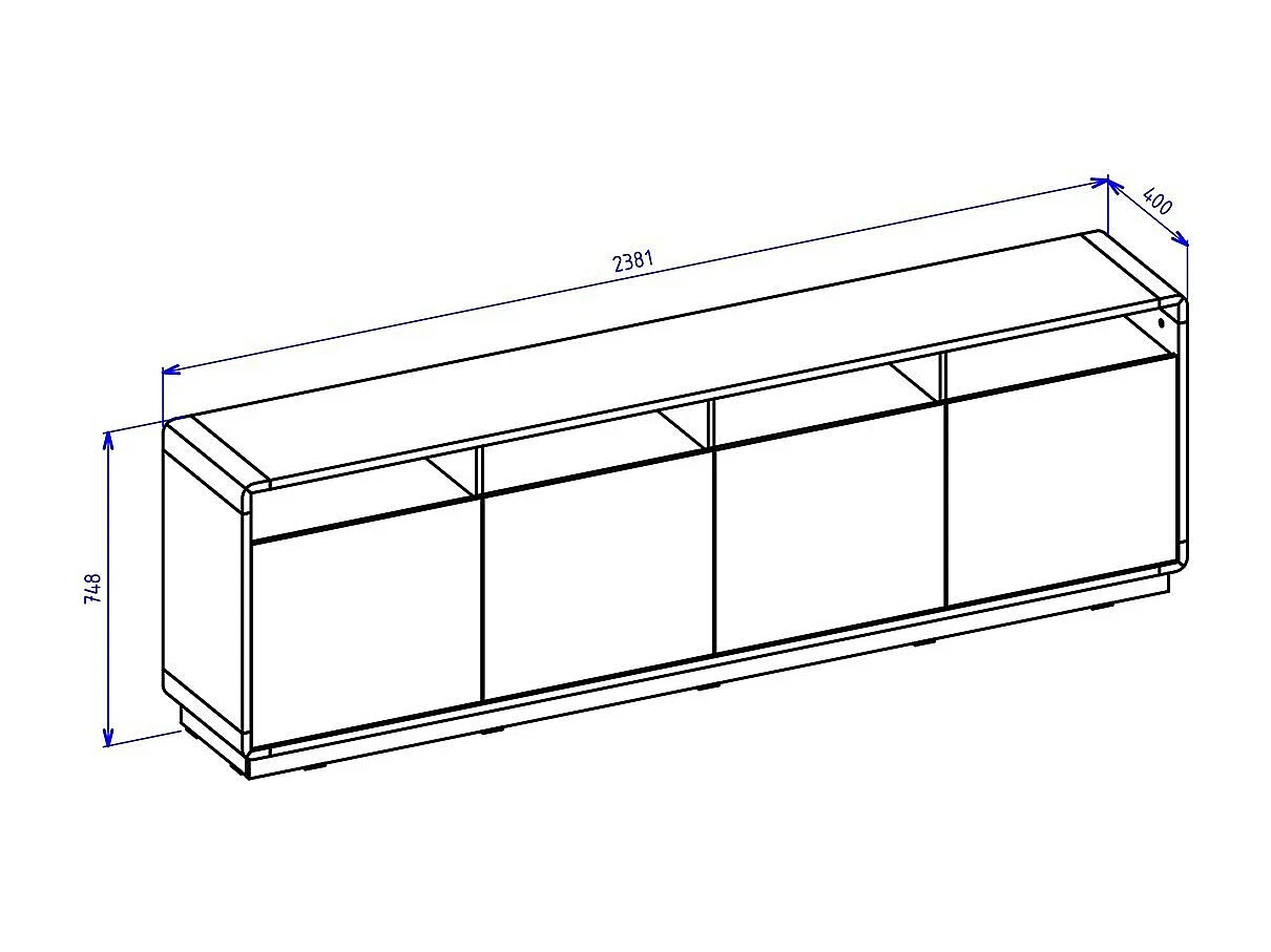 Buffet XL 240cm collection VILLA. Couleur chêne et noir. 4 portes et 4 niches éclairées