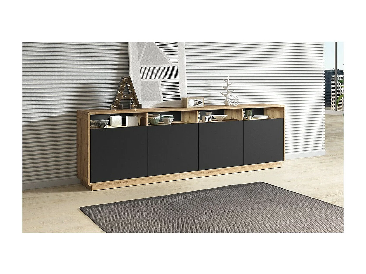 Buffet XL 240cm collection VILLA. Couleur chêne et noir. 4 portes et 4 niches éclairées