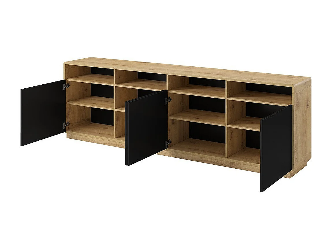 Buffet XL 240cm collection VILLA. Couleur chêne et noir. 4 portes et 4 niches éclairées