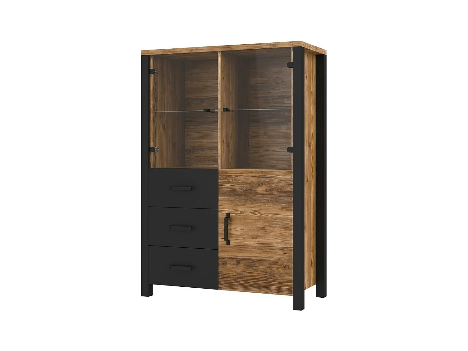 Buffet alto coleção DARWIN. Cor pinheiro e preto. 3 portas e 3 gavetas.