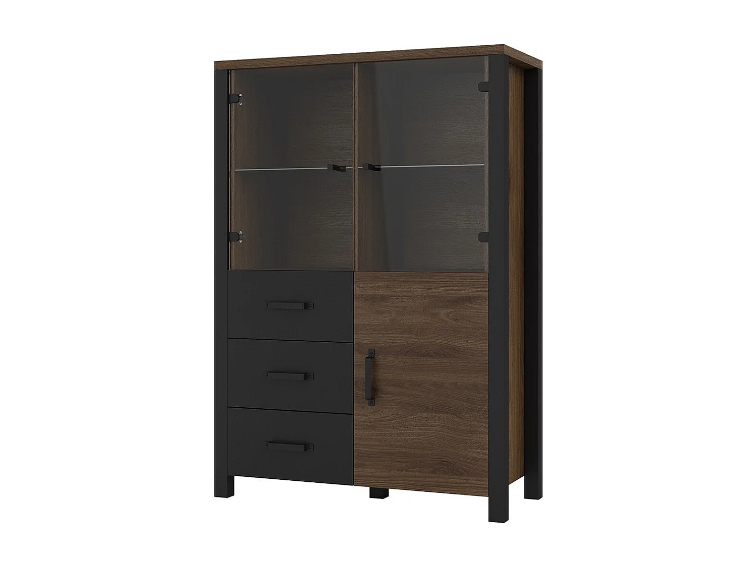 Buffet haut collection DARWIN. Couleur chêne foncé et noir. 3 portes et 3 tiroirs.