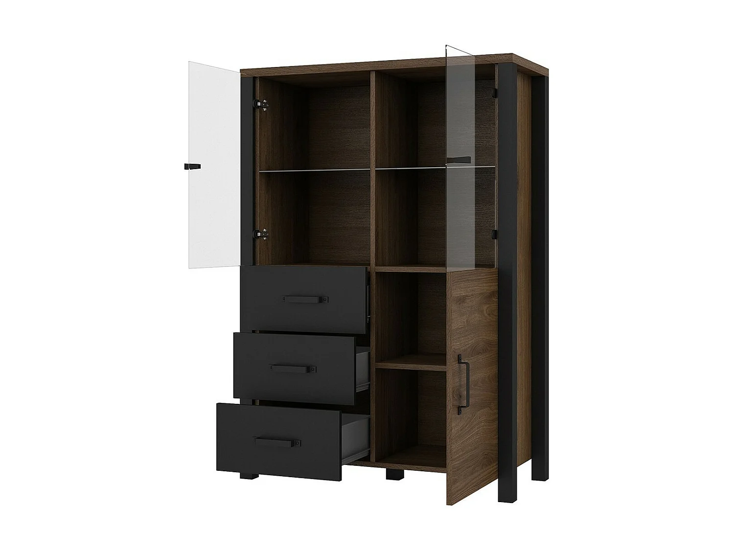 Buffet haut collection DARWIN. Couleur chêne foncé et noir. 3 portes et 3 tiroirs.