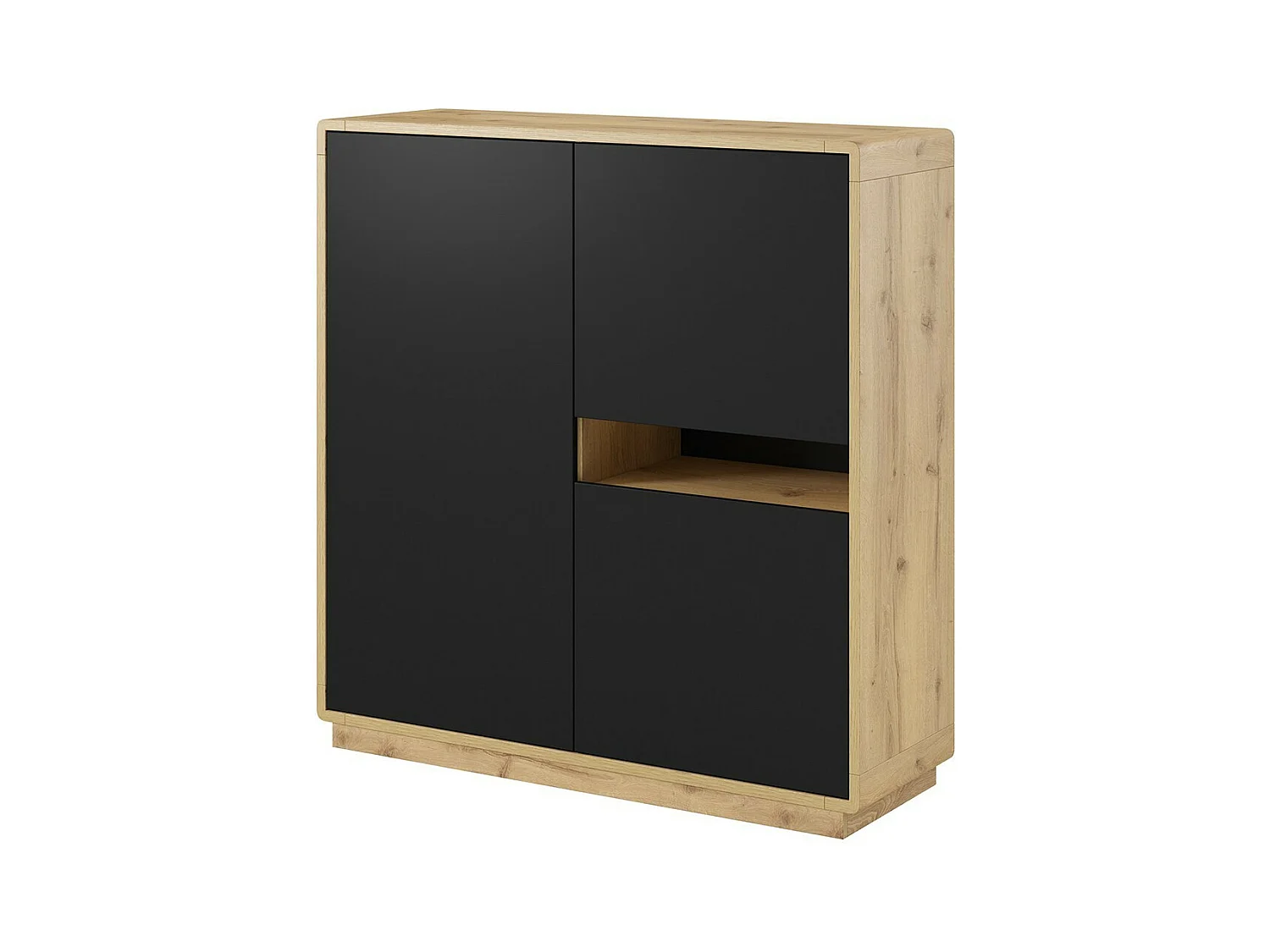 Credenza alta collezione VILLA. Colore quercia e nero. 3 porte e 1 nicchia illuminata.