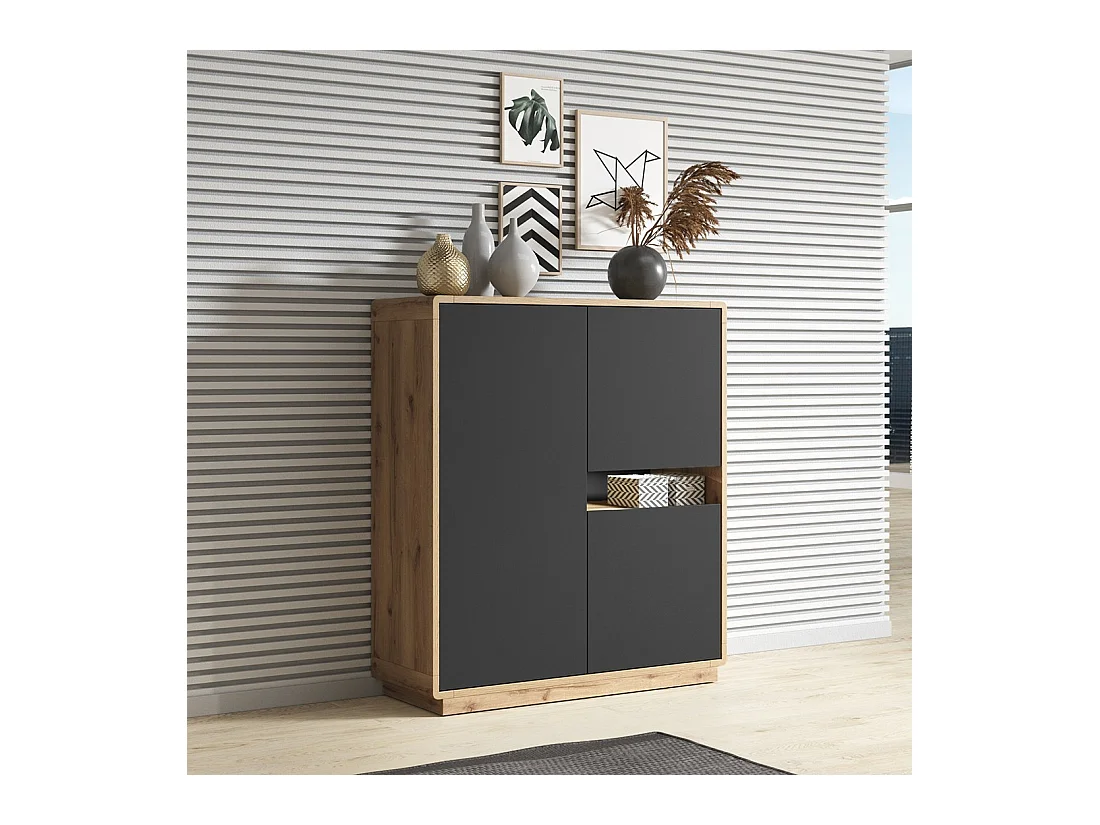 Credenza alta collezione VILLA. Colore quercia e nero. 3 porte e 1 nicchia illuminata.