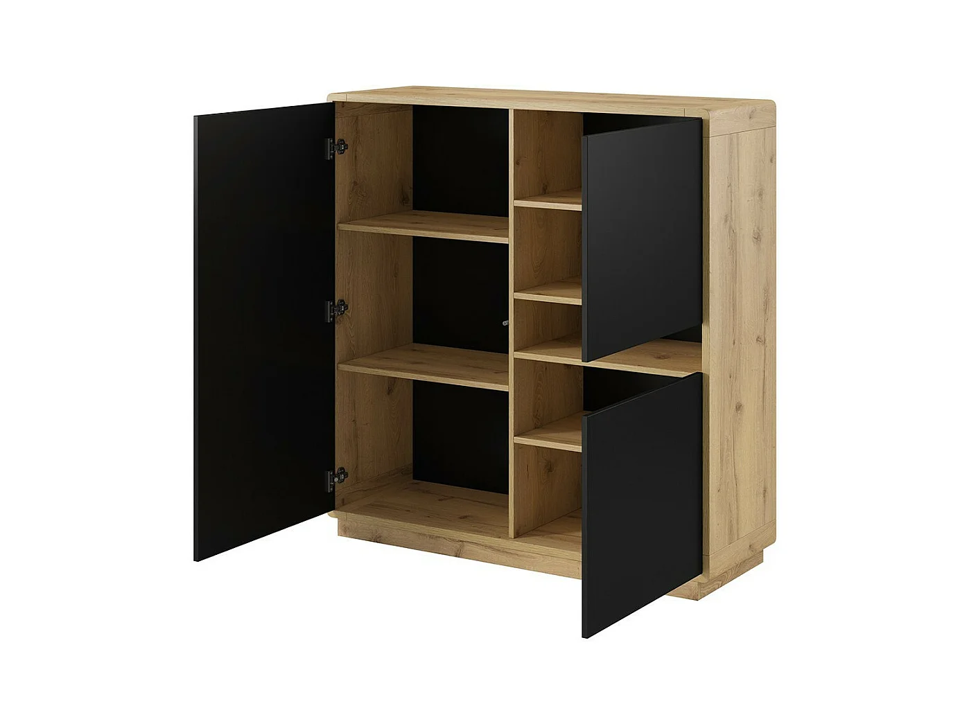 Credenza alta collezione VILLA. Colore quercia e nero. 3 porte e 1 nicchia illuminata.