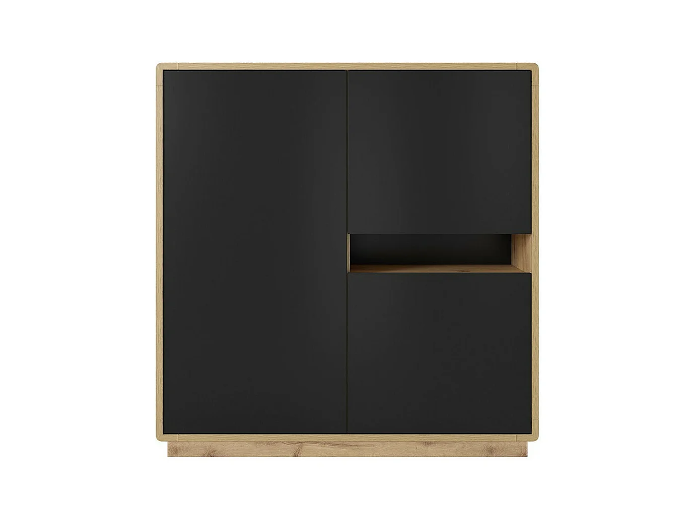 Credenza alta collezione VILLA. Colore quercia e nero. 3 porte e 1 nicchia illuminata.