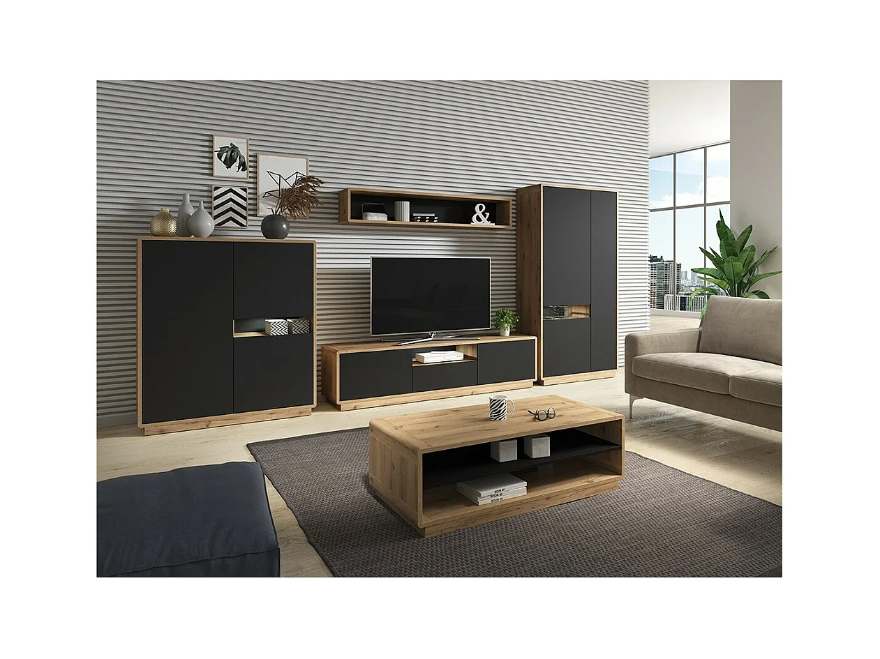Credenza alta collezione VILLA. Colore quercia e nero. 3 porte e 1 nicchia illuminata.