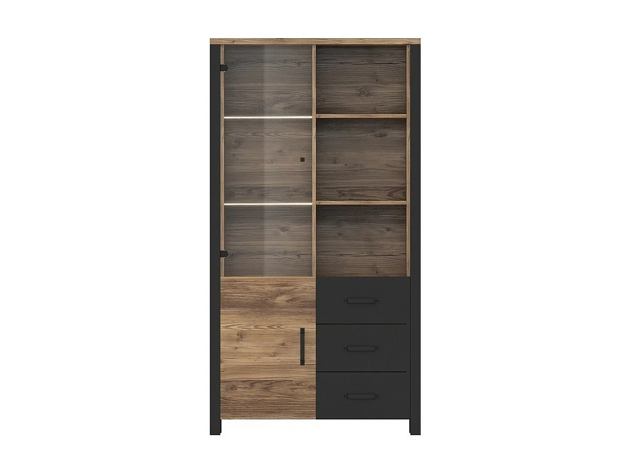 Vitrina larga design coleção DARWIN. Cor de abeto e preto. 2 portas, 3 gavetas, 3 nichos.
