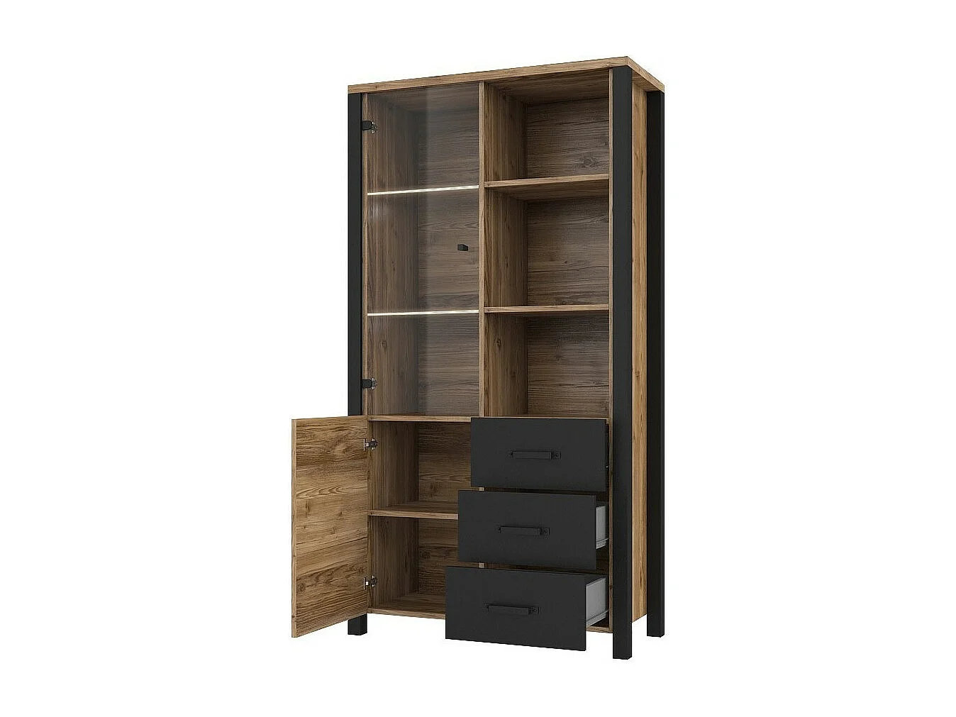 Vitrina larga design coleção DARWIN. Cor de abeto e preto. 2 portas, 3 gavetas, 3 nichos.