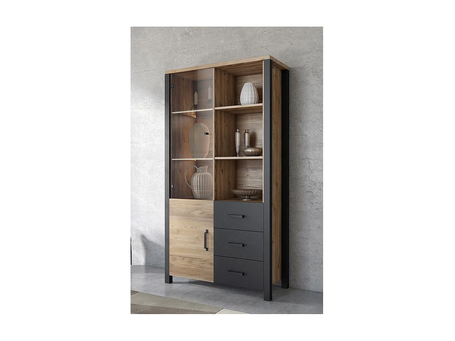 Vitrina larga design coleção DARWIN. Cor de abeto e preto. 2 portas, 3 gavetas, 3 nichos.