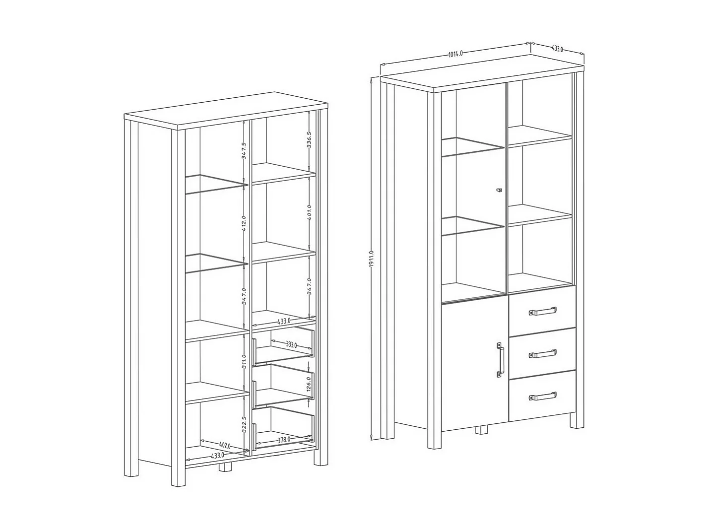Vitrina larga design coleção DARWIN. Cor de abeto e preto. 2 portas, 3 gavetas, 3 nichos.
