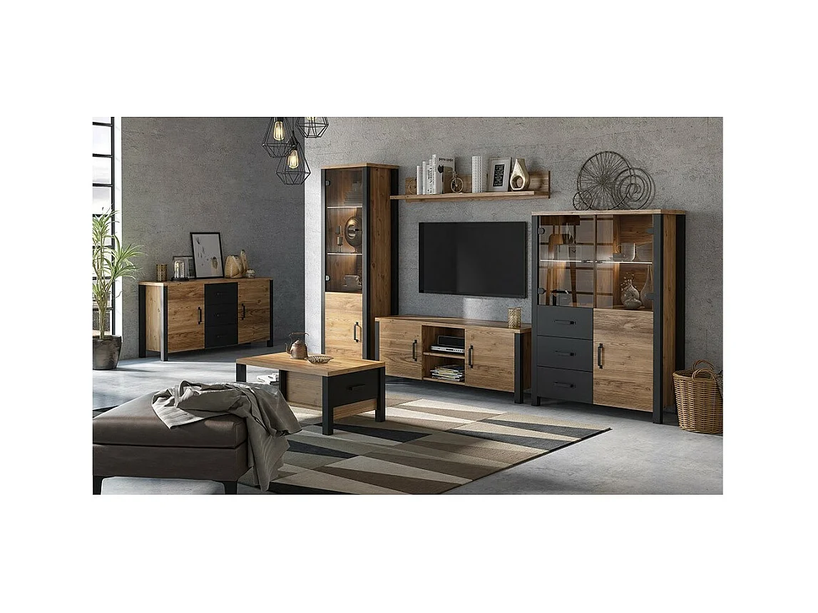 Vitrina alta de 2 puertas diseño DARWIN - Picea y negro