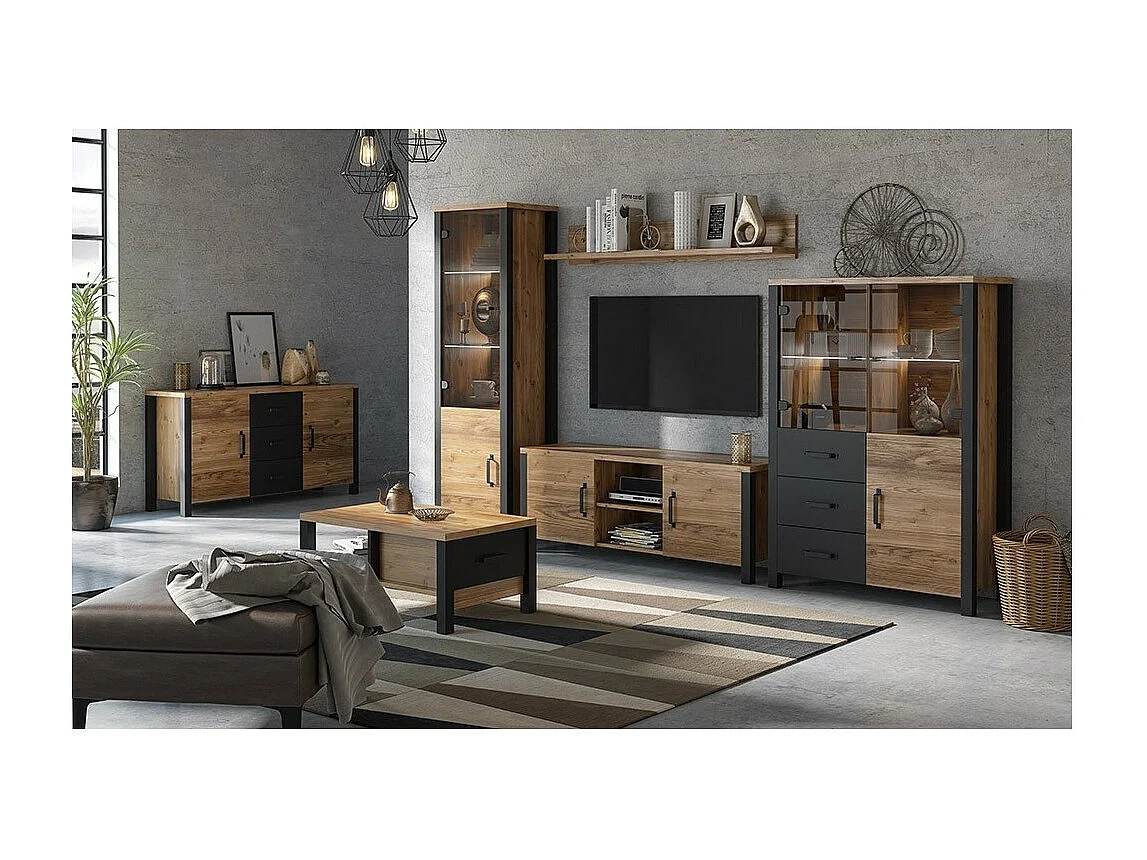 Vitrine haute 2 portes design DARWIN – Épicéa et noir