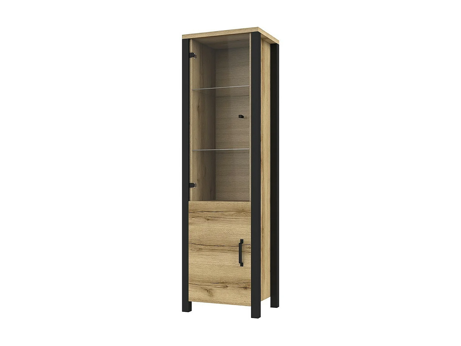 Hoher Designschrank, 2 Türen, Kollektion DARWIN. Farbe helles Eichenholz und Schwarz.
