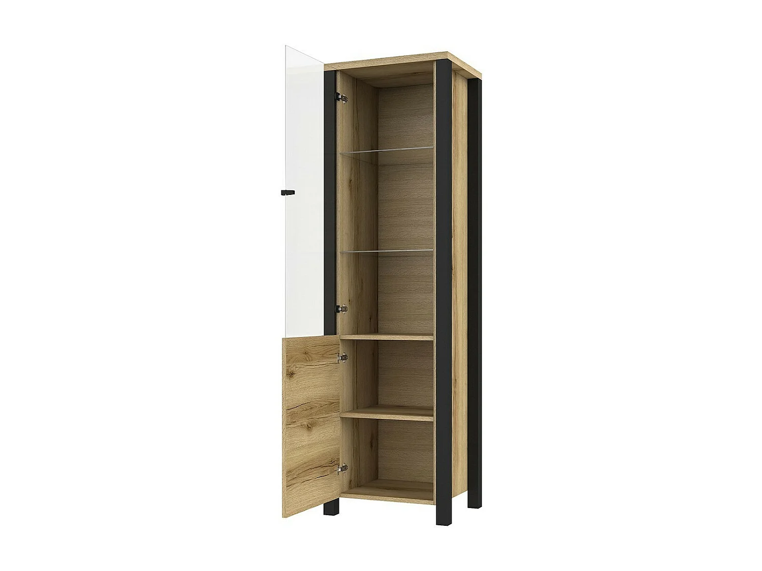 Hoher Designschrank, 2 Türen, Kollektion DARWIN. Farbe helles Eichenholz und Schwarz.
